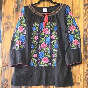 Embroidered Black Floral Women's Cotton Blouse XL Shubham